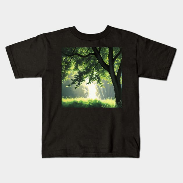 Sunlight Streaming Through the Branches of an Oak Tree Kids T-Shirt by CursedContent